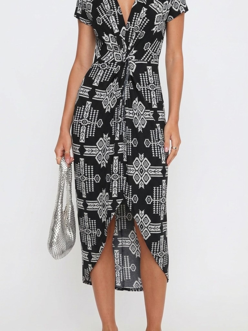 Black & White Geometric Tie-Front Midi Skirt